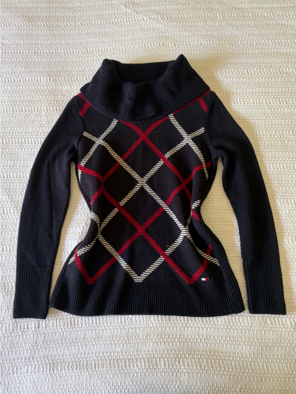 Tommy Hilfiger Women's Navy Diamond Argyle Cowl Neck Sweater - size XS